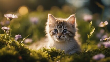 Naklejka na ściany i meble cat on the grass A small, fluffy kitten with a curious gaze, nestled in a soft bed of moss 
