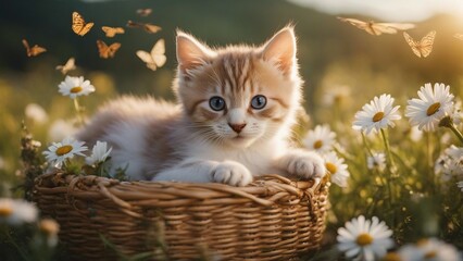 cat in the basket A precious kitten with a delicate chaplet of daisies, nestled in a handwoven basket,  