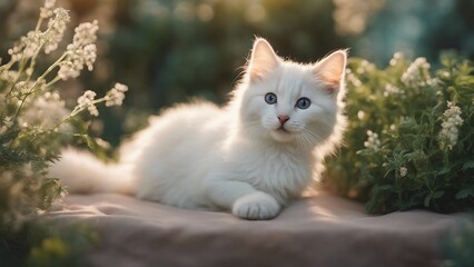 Naklejka na ściany i meble white cat on the grass A serene kitten with a gentle gaze, lounging in a bed of soft, fuzzy plants 