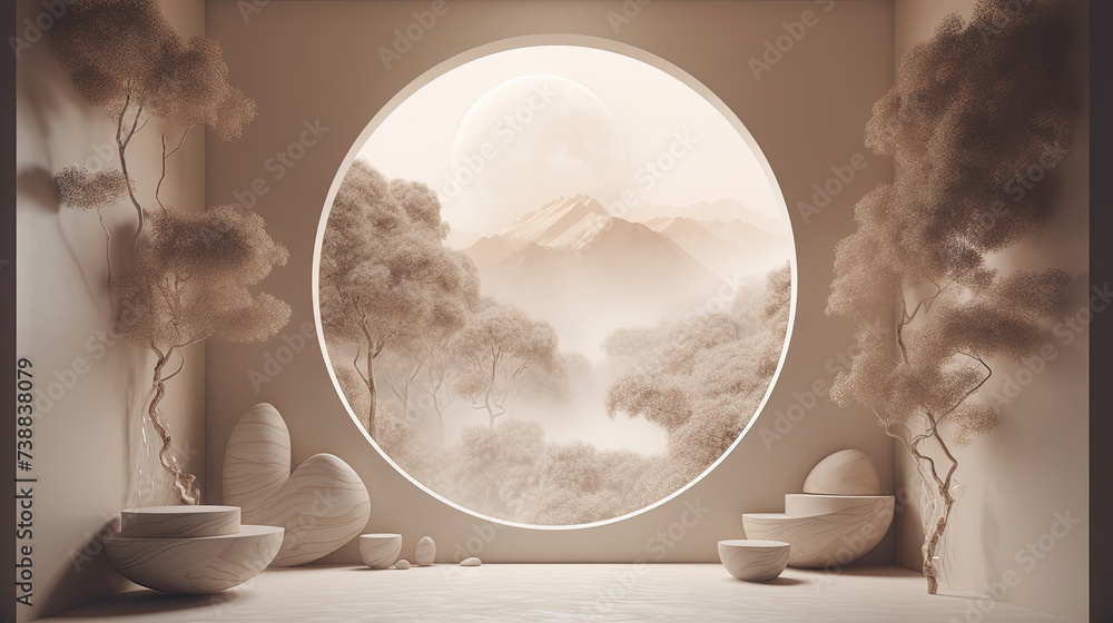 Poster Interior with circular architecture form in 3D style. Abstract room with arc element and trees.