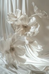 Artistic White Floral Design on Drapery