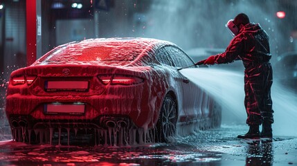 a person washing a car with a high pressure water
