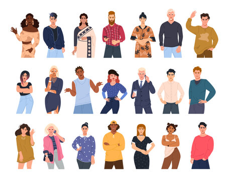 A large vector collection of diverse multiracial male and female characters in different poses. Modern young people (men and women) in a flat style on a white background