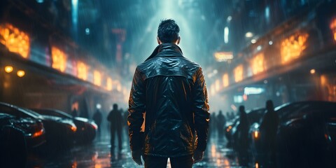 Unraveling a Futuristic Crime Scene in a Neon-Lit Alley on a Rainy Cyberpunk Night. Concept Futuristic Crime Scene, Neon-Lit Alley, Rainy Cyberpunk Night, Unraveling Mystery, Detective Investigation
