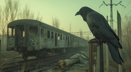 raven bird perching on the pole in abandoned train station with old train carriage wagon. 