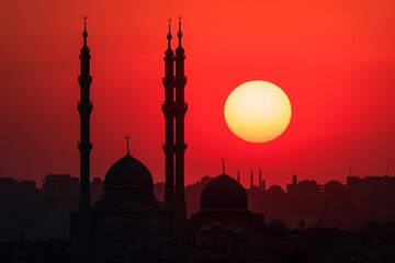 a silhouette of a city with a red sunset