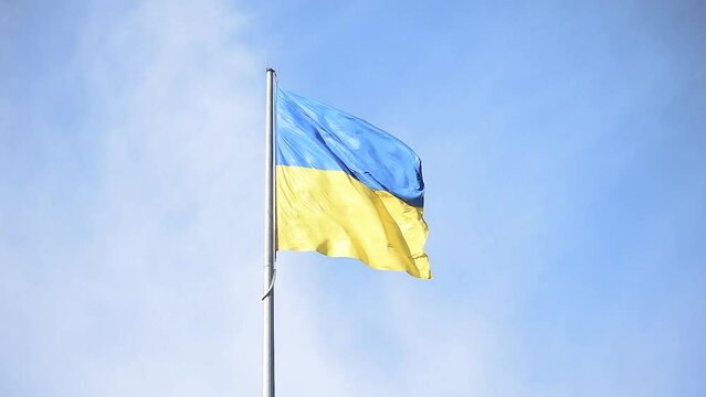 The Ukrainian blue-yellow flag flutters in the wind