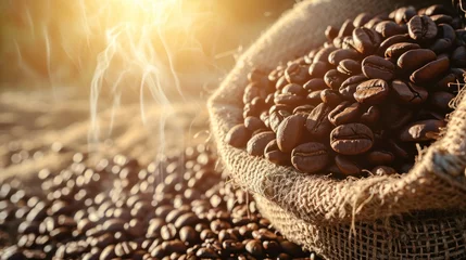 Poster Close-up view of a sack of steaming coffee beans on table. © Joyce