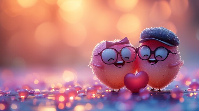 Two cute cartoon birds with a heart on a sparkling background express love and affection. This image is perfect for: valentine’s day, love themes, romance, greeting cards, wallpapers.