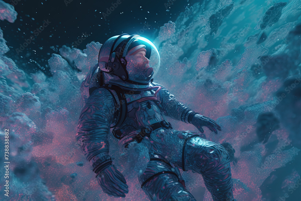 Poster astonaut soaring in astral space in magic trip with surreal sparkles and aura.