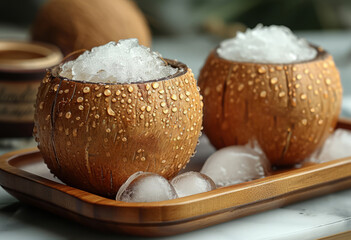 Coconut cup is filled with ice and coconut is in the background