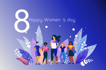  International Women's Day concept with happy multinational diverse women celebrate womens day. Struggling for freedom, independence, equality. Flat style vector illustration