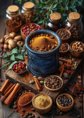 Obraz na płótnie Canvas Spices and herbs on wooden table and in blue ceramic bowl