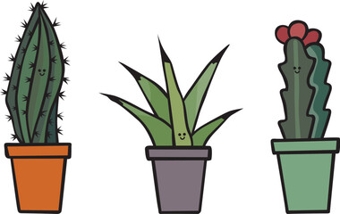 Cartoon illustration of three succulent plants in pots