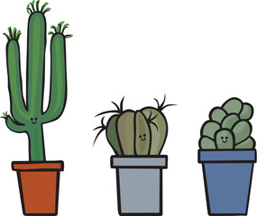 Cartoon illustration of three succulent plants in pots