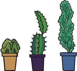 Cartoon illustration of three succulent plants in pots