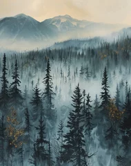 Washable wall murals Forest in fog Misty landscape of fir forest in Canada