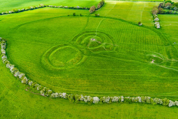 Aerial view of the Hill of Tara, an archaeological complex, containing a number of ancient...