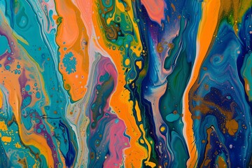 Vibrant Abstract Acrylic Pour Painting with Swirling Colors of Blue, Orange, and Purple for Artistic Backgrounds and Designs