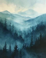 Zelfklevend Fotobehang Misty landscape of fir forest in Canada © toomi123