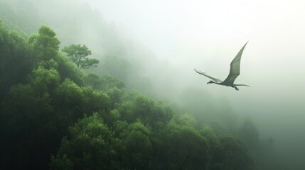 Fototapeta premium Flying dinosaur, Pterodactyl, flying high in sky in prehistoric environment. Photorealistic.