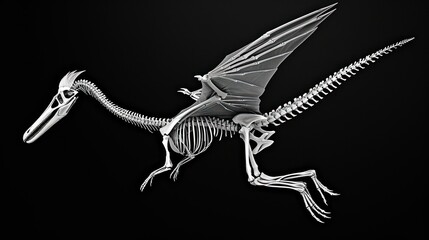 Skeleton of a flying dinosaur, Pterodactyl, over black background. Photorealistic.
