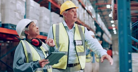 People, tablet and supply chain in logistics at warehouse for storage, inspection or inventory management. Man and woman or contractors with technology for quality control or production in factory
