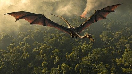 Naklejka premium Flying dinosaur, Pterodactyl, flying high in sky in prehistoric environment. Photorealistic.