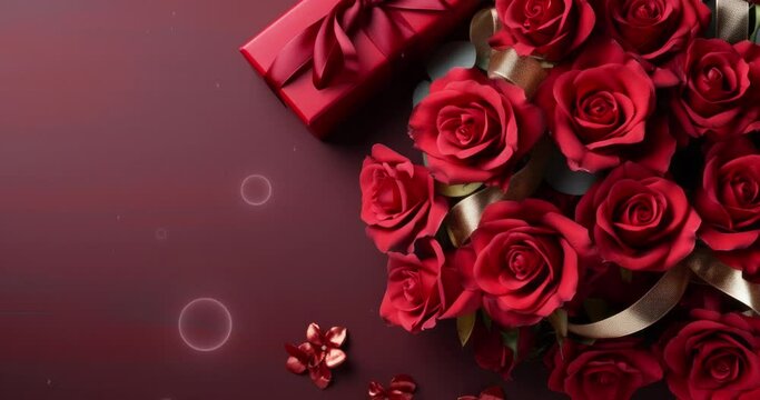 bouquet of roses with gift box background. for women's day, mother's day. copy space