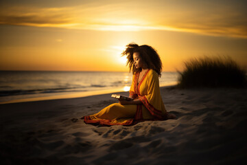 Beautiful African American Wiccan woman sits on the beach and reads a book of spells.