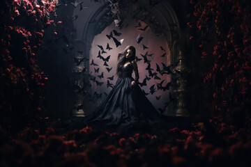 A beautiful woman in a black dress stands in a Gothic garden surrounded by roses and bats. - obrazy, fototapety, plakaty