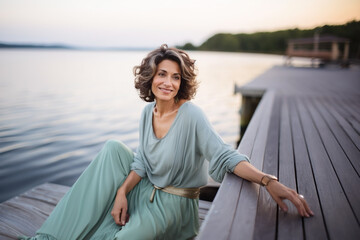 Fototapeta premium A mature woman in a green dress sits on a pier by the lake.