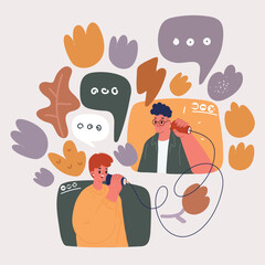 Vector illustration of Creative abstract template collage of funny couple white visual effect talking sms empty space isolated beige color background