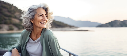 An elderly woman in a green dress sits in a boat on the lake.