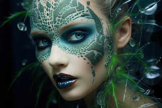 Beautiful model with ichthyander art makeup.