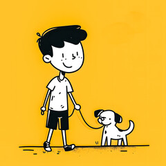 Jeune garçon promenant son chien en laisse