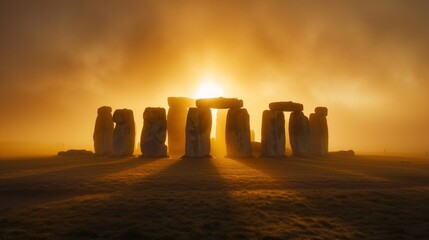 Colorful sunrise at famous Stonehenge ancient mystery site in England UK.