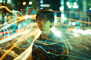 Young Japanese man in the midst of modern life. Colorful light trails. Abstract background image. Created with Generative AI technology