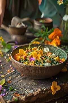 a bowl filled with flowers sitting on top of a wooden table