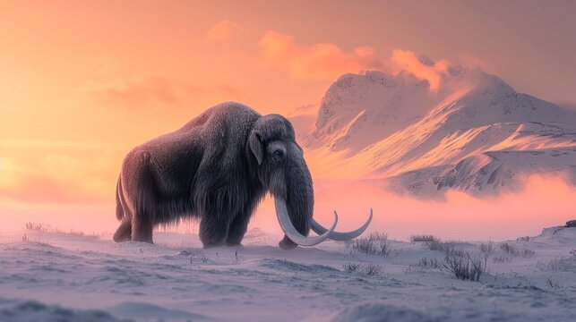 Mammoth walking in snow field in freezing winter at sunrise.