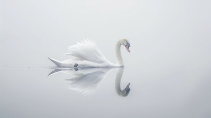 swan gliding on a calm lake with a white background