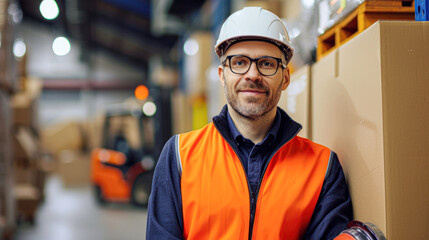Mature warehouse worker in reflective safety vest and helmet, holding helmet under arm, smiling in a warehouse environment