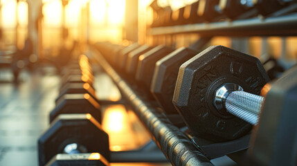 Row of graduated dumbbells on rack in fitness center, focus on the weights with a glowing warm light - obrazy, fototapety, plakaty