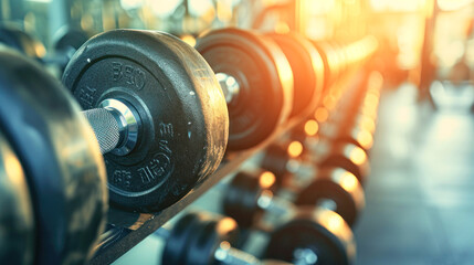 Row of graduated dumbbells on rack in fitness center, focus on the weights with a glowing warm light