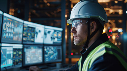 Industrial engineer in hardhat using advanced computer interface to monitor machinery and workflow efficiency in a manufacturing plant