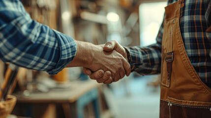 Two craftsmen in a woodworking workshop sealing a deal with a firm handshake, showcasing partnership and collaboration - Powered by Adobe