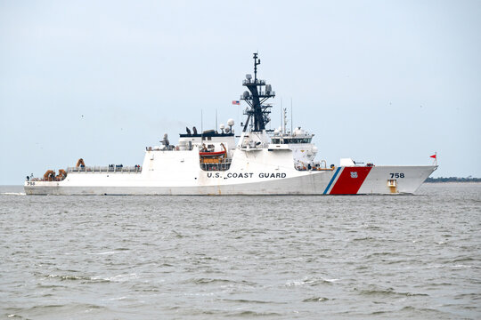 U.S. Coast Guard national security cutter Stone sails into Charleston Harbor, SC, USA on February 17, 2024.
