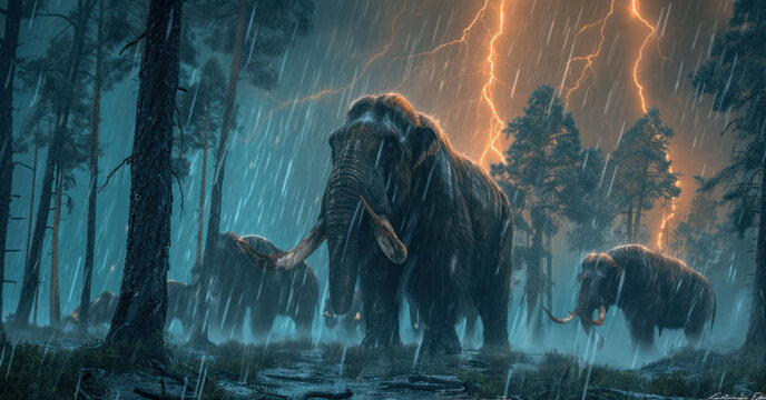 Mammoth in prehistoric wild field with lightning bolt.