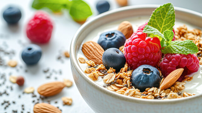 Close-up of a healthy granola bowl with fresh raspberries, blueberries, almonds, and chia seeds