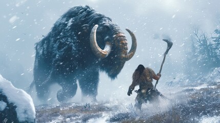 Hunting scene of primitive caveman attacking a giant mammoth in wild field. - obrazy, fototapety, plakaty